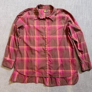 Life is Good Womens Large Plaid Flannel Button Down Shirt Pink Brown Classic Fit